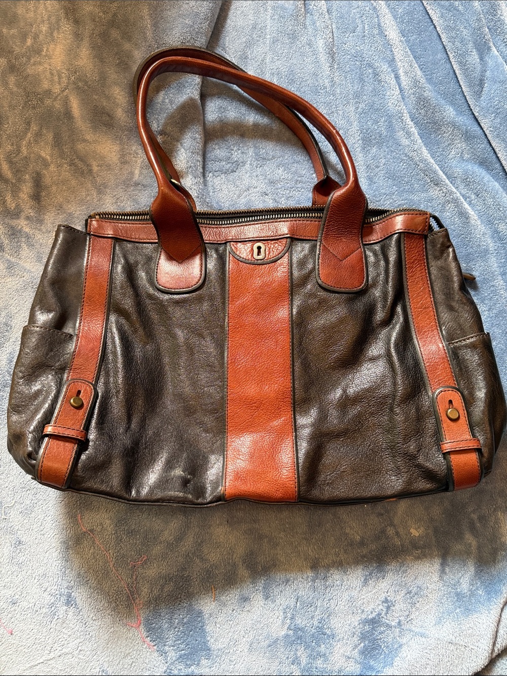 Fossil Two-Tone Brown and Cognac Leather Duffel Bag